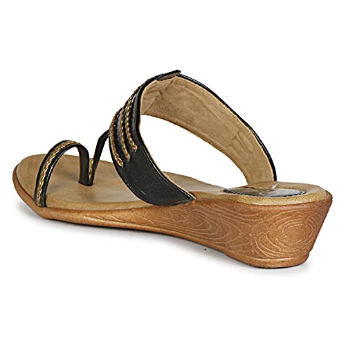 Denill Women Toe Ring Wedge Flats Slippers, Black, Size_6 - Image 4
