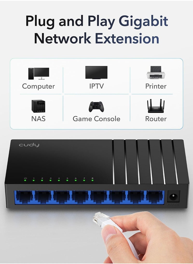 cudy - GS108D 8 Port Gigabit Ethernet Network Switch,Ethernet Splitter - Desktop, Fanless, Traffic Optimization, Plug and Play - Image 1