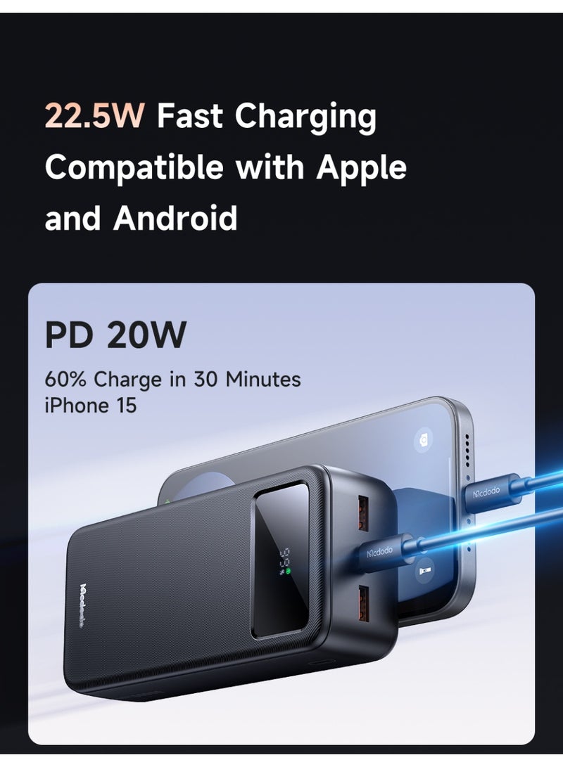 Mcdodo Power Bank 30000mAh, Mirror LED Display, 22.5W PD Fast Charging, 1 USB-C + 2 USB-A, Charge 3 Devices, High Capacity Portable Charger, Black, MC-4240 - Image 4