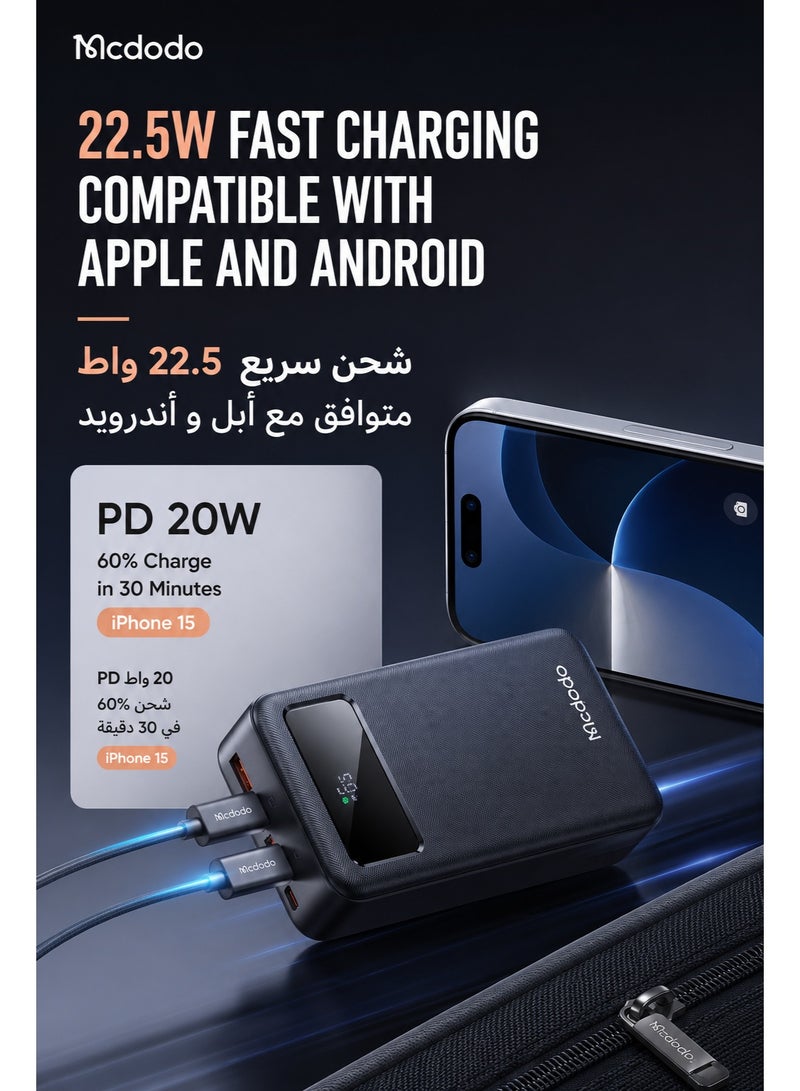Mcdodo Power Bank 30000mAh, Mirror LED Display, 22.5W PD Fast Charging, 1 USB-C + 2 USB-A, Charge 3 Devices, High Capacity Portable Charger, Black, MC-4240 - Image 5