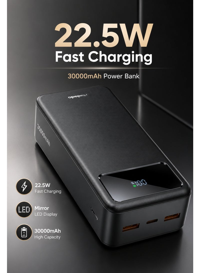 مكدودو Mcdodo بنك طاقة 30000mAh، شاشة LED مرآة، شحن سريع 22.5W PD، منفذ USB-C + منفذا USB-A، شحن 3 أجهزة، شاحن محمول عالي السعة، أسود، MC-424 - Image 1