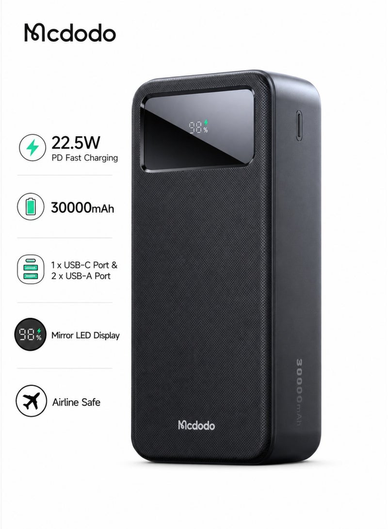 Mcdodo Power Bank 30000mAh, Mirror LED Display, 22.5W PD Fast Charging, 1 USB-C + 2 USB-A, Charge 3 Devices, High Capacity Portable Charger, Black, MC-4240 - Image 1