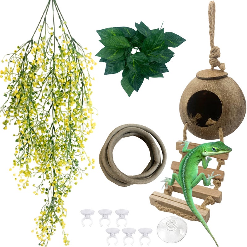 MUYG Crested Gecko Coconut Hut with LadderNatural Bearded Dragon Coco Den Reptile Shell Hideout Husk Hut Climbing Plants Leaves Tank Accessories for Lizard Chameleon Snakes - Image 3