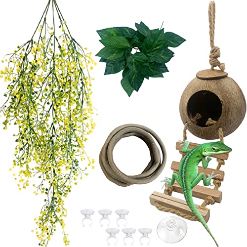 MUYG Crested Gecko Coconut Hut with LadderNatural Bearded Dragon Coco Den Reptile Shell Hideout Husk Hut Climbing Plants Leaves Tank Accessories for Lizard Chameleon Snakes - Image 2