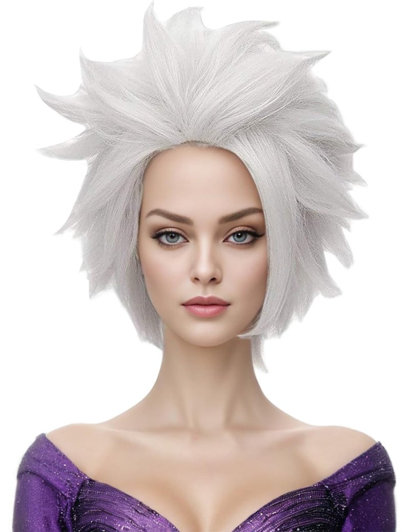 morvally Sea Witch Costume Wig for Women Girls Short Silver Grey Cosplay Wig Anime Layered Synthetic Hair Halloween Wigs for Adults