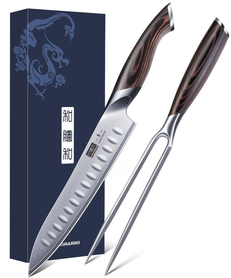 HOSHANHO 8 Inch Carving Knife & 7 Inch Fork Set, Professional Japanese High Carbon Steel Razor Sharp Butcher Brisket Slicing Knife Set for Meat Cutting, BBQ - Image 1