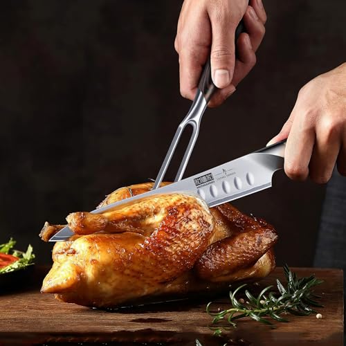 HOSHANHO 8 Inch Carving Knife & 7 Inch Fork Set, Professional Japanese High Carbon Steel Razor Sharp Butcher Brisket Slicing Knife Set for Meat Cutting, BBQ - Image 5