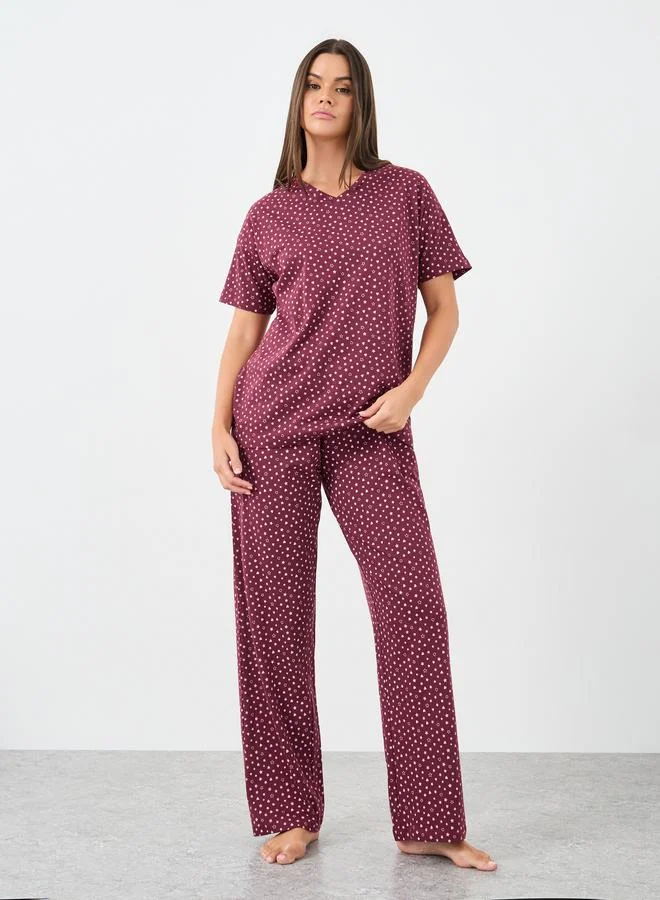 ستايلي Styli Cotton Star Heart V Neck T-Shirt and Pyjama Set