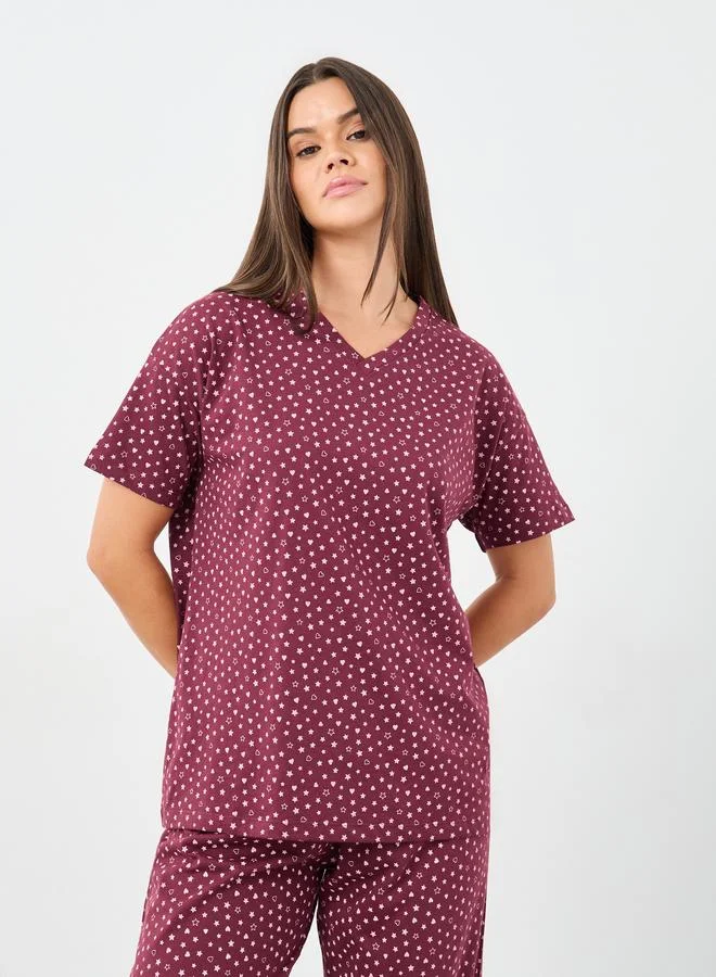 ستايلي Styli Cotton Star Heart V Neck T-Shirt and Pyjama Set