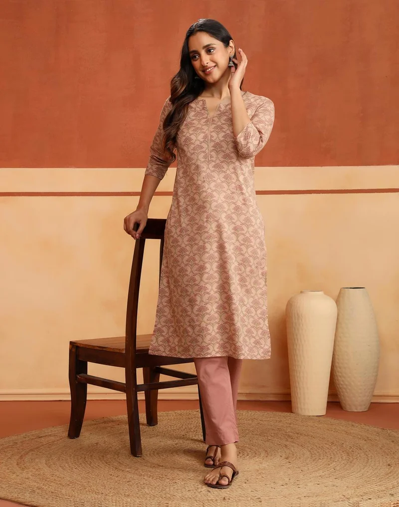 Avni Peach Cotton Printed Kurta & Pant Set