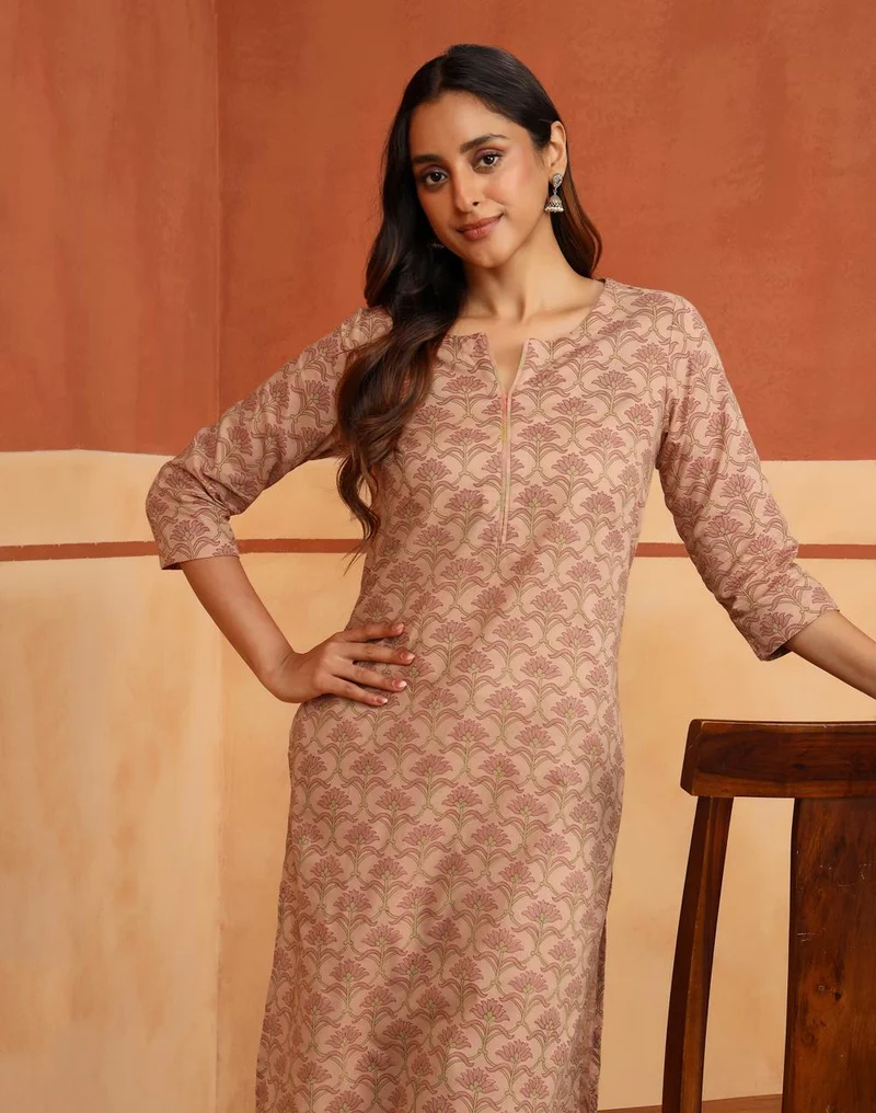 Fabindia  Avni Peach Cotton Printed Kurta & Pant Set for Women | Best Price UAE