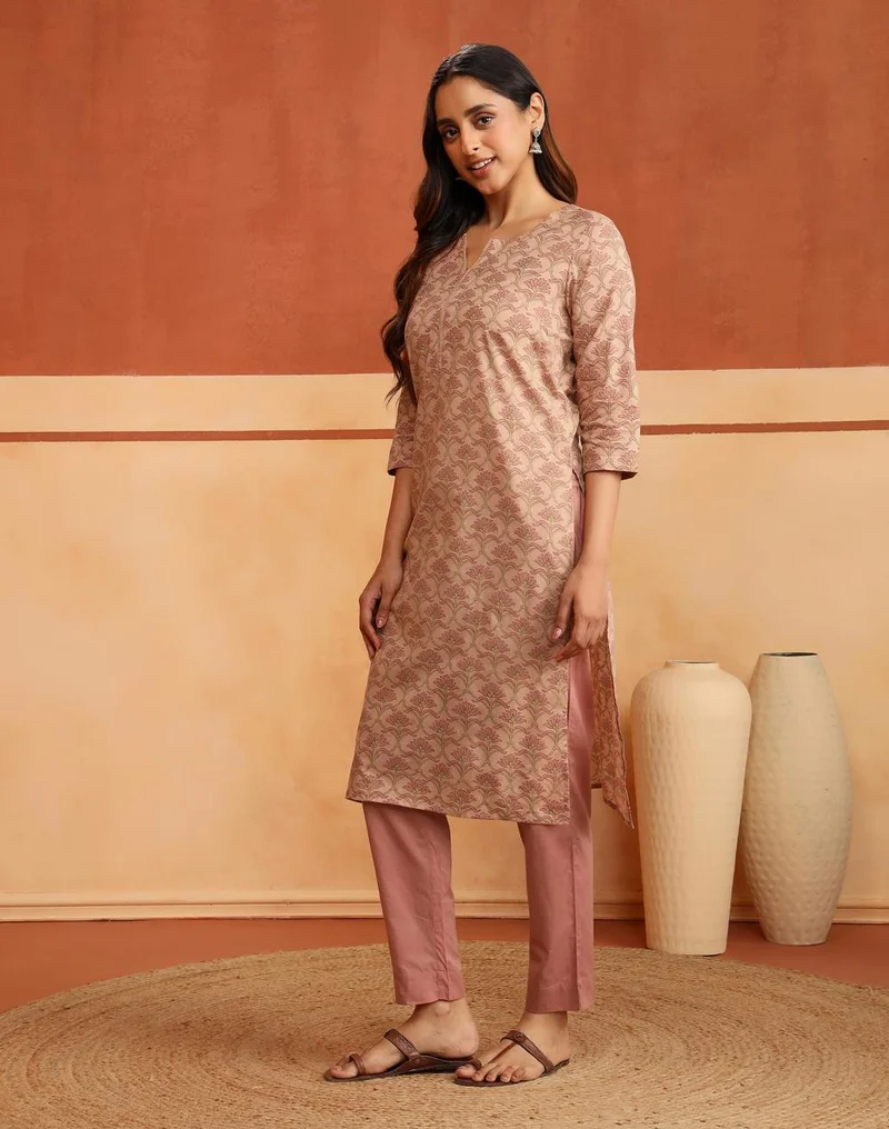 Fabindia  Avni Peach Cotton Printed Kurta & Pant Set for Women | Best Price UAE
