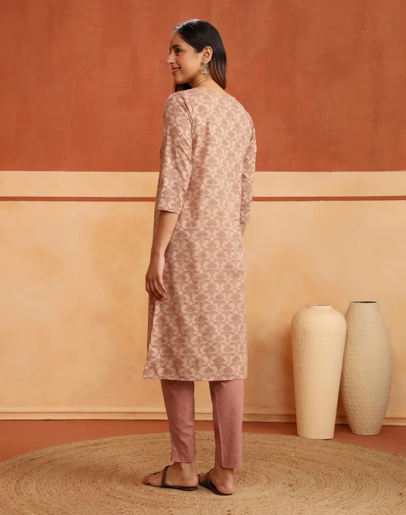 Fabindia  Avni Peach Cotton Printed Kurta & Pant Set for Women | Best Price UAE