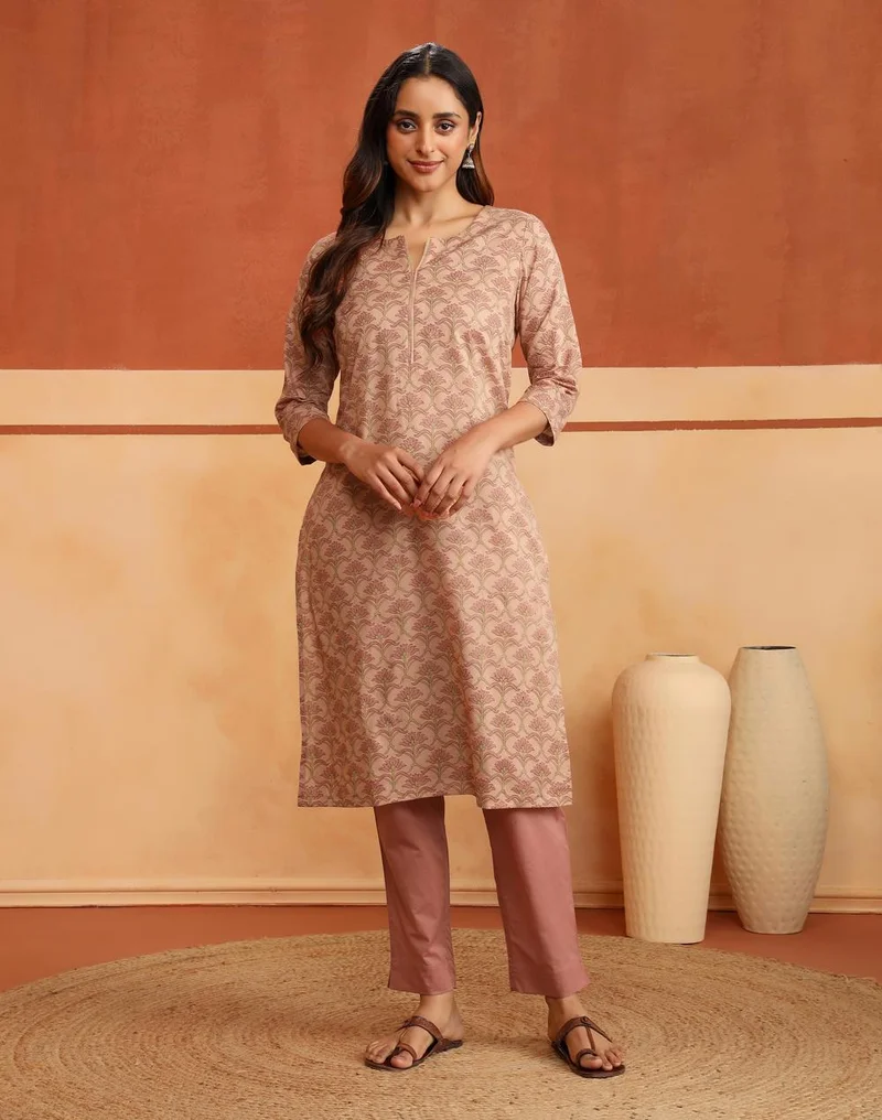 Fabindia  Avni Peach Cotton Printed Kurta & Pant Set for Women | Best Price UAE