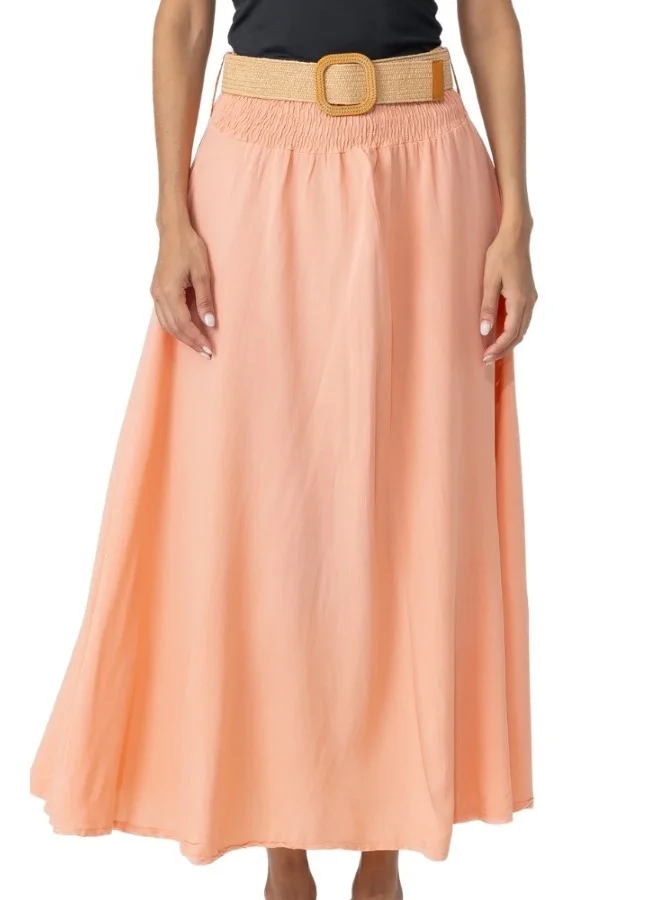 HaILYS Peach A-Line Maxi Skirt with Elastic Waist and Belt - Flowy High-Waisted Summer Skirt