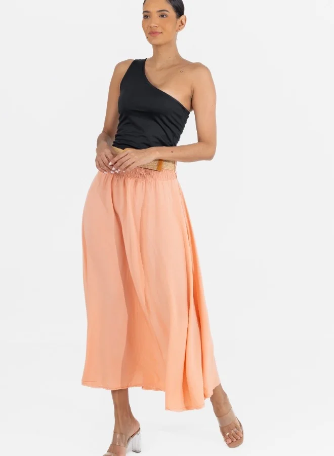 HaILYS Peach A-Line Maxi Skirt with Elastic Waist and Belt - Flowy High-Waisted Summer Skirt