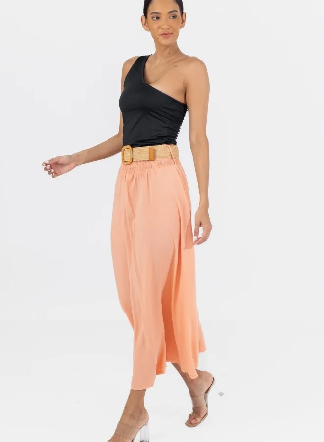 HaILYS Peach A-Line Maxi Skirt with Elastic Waist and Belt - Flowy High-Waisted Summer Skirt