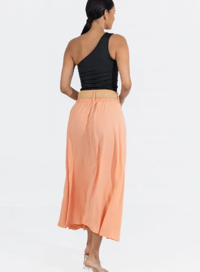 HaILYS Peach A-Line Maxi Skirt with Elastic Waist and Belt - Flowy High-Waisted Summer Skirt