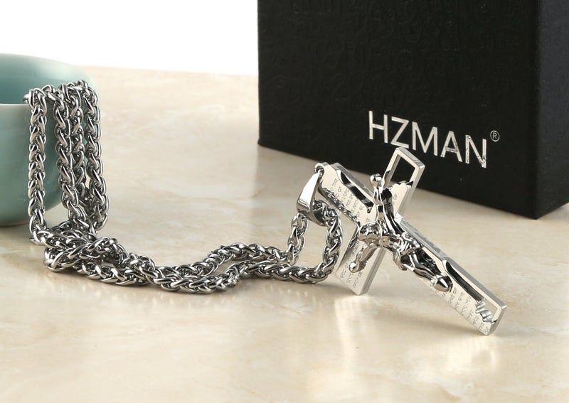 HZMAN Men's Stainless Steel Cross Crucifix Bible Prayer Pendant Necklace 22+2" Chain - Image 5