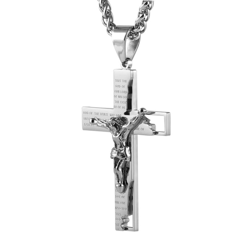 HZMAN Men's Stainless Steel Cross Crucifix Bible Prayer Pendant Necklace 22+2" Chain - Image 1