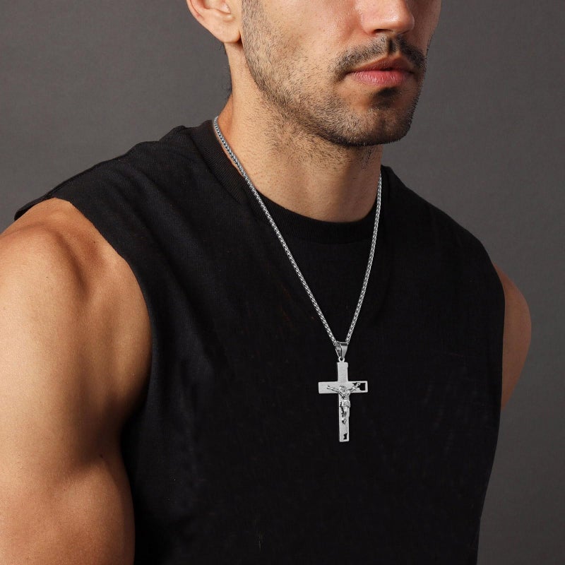 HZMAN Men's Stainless Steel Cross Crucifix Bible Prayer Pendant Necklace 22+2" Chain - Image 2