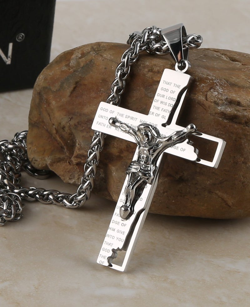 HZMAN Men's Stainless Steel Cross Crucifix Bible Prayer Pendant Necklace 22+2" Chain - Image 4