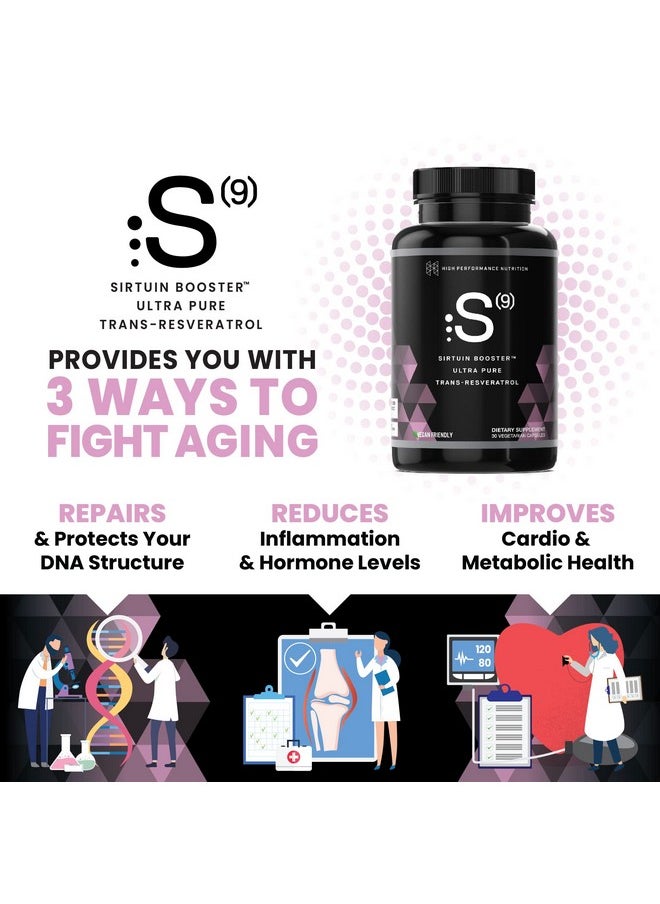HPN - S9 Sirtuin Booster Ultra Pure Trans Resveratrol Healthy Aging Antioxidant Supplement High Performance Nutrition 30 Capsules - Image 1