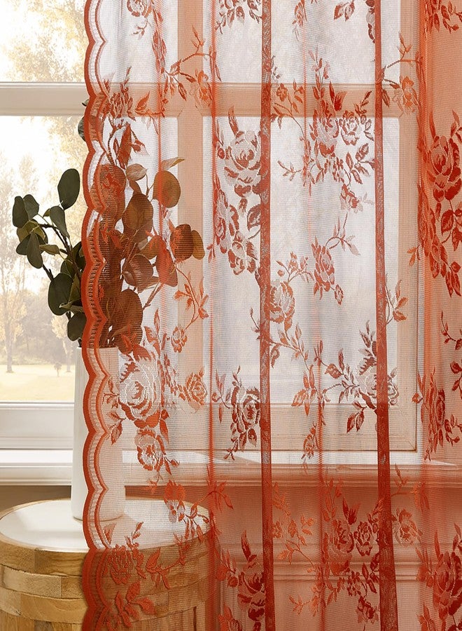 SEEKRIGHT Terracotta Lace Curtains 84 Inches Long Country Rustic Floral Sheer Curtains for Living Room Bedroom Autumn Drapes Rod Pocket Light Filtering Orange Lace Curtains for Dining Room Fall Decor, 52x84 - Image 3