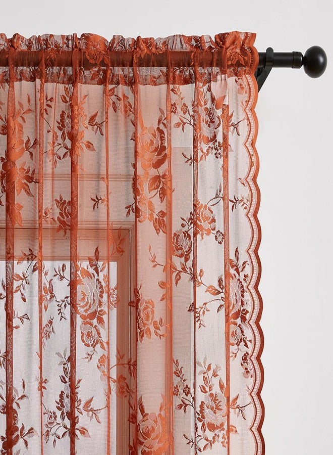 SEEKRIGHT Terracotta Lace Curtains 84 Inches Long Country Rustic Floral Sheer Curtains for Living Room Bedroom Autumn Drapes Rod Pocket Light Filtering Orange Lace Curtains for Dining Room Fall Decor, 52x84 - Image 4