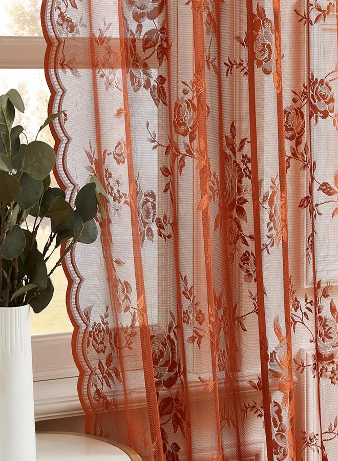 SEEKRIGHT Terracotta Lace Curtains 84 Inches Long Country Rustic Floral Sheer Curtains for Living Room Bedroom Autumn Drapes Rod Pocket Light Filtering Orange Lace Curtains for Dining Room Fall Decor, 52x84 - Image 5