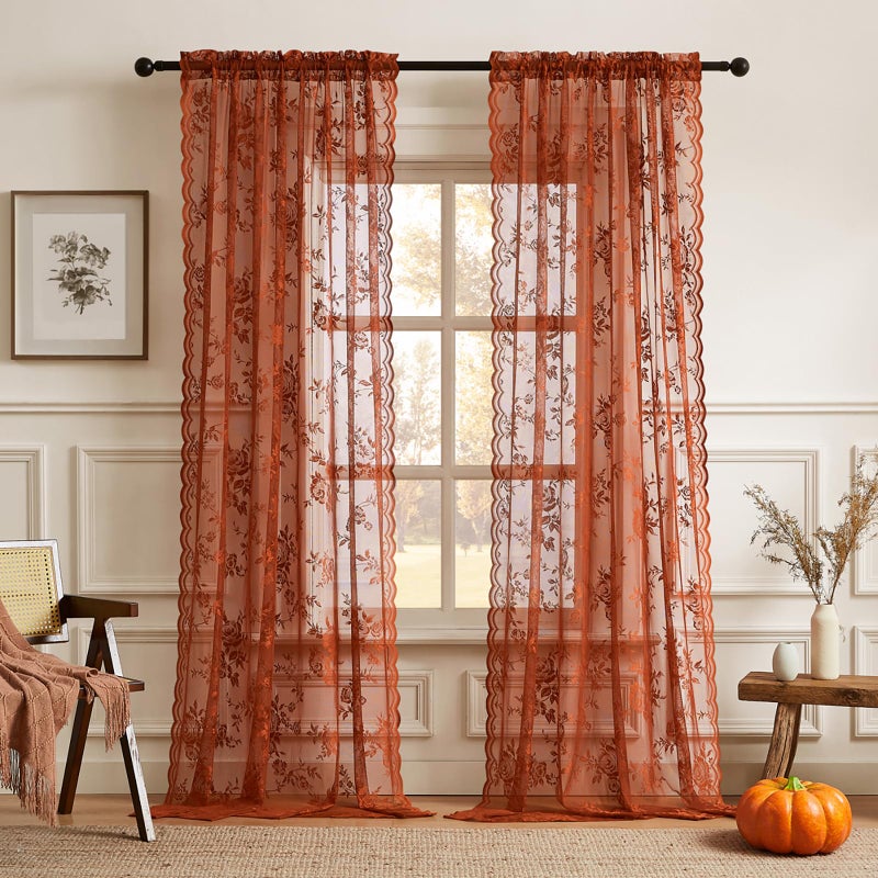SEEKRIGHT Terracotta Lace Curtains 84 Inches Long Country Rustic Floral Sheer Curtains for Living Room Bedroom Autumn Drapes Rod Pocket Light Filtering Orange Lace Curtains for Dining Room Fall Decor, 52x84 - Image 1