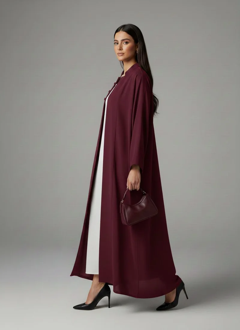 أم سكوير فاشن Signature Korean Nida Maroon Open Abaya Minimalist High-Neck Design