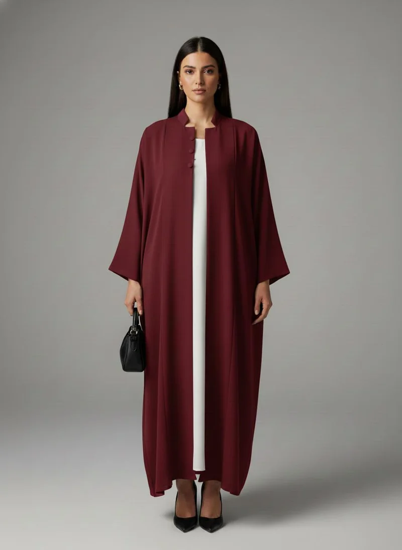 أم سكوير فاشن Signature Korean Nida Maroon Open Abaya Minimalist High-Neck Design