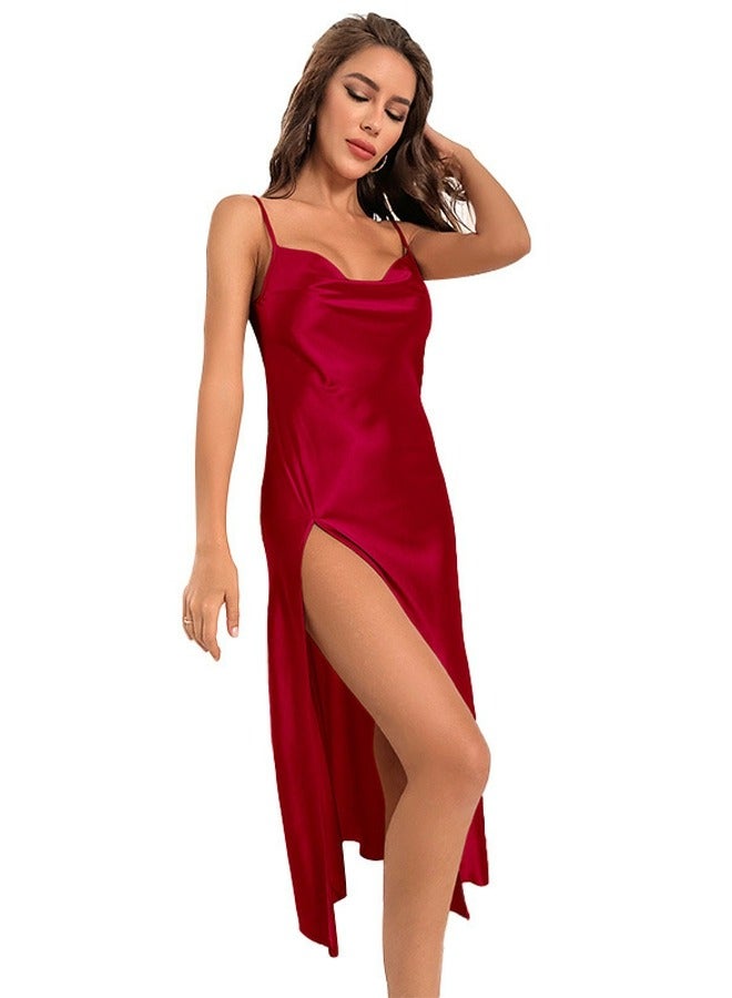 Loquat Women's Imitation SilkSolid Color Nightgown Side Slit Slip Dress  Soft Loungewear Homewear Red  - Image 2