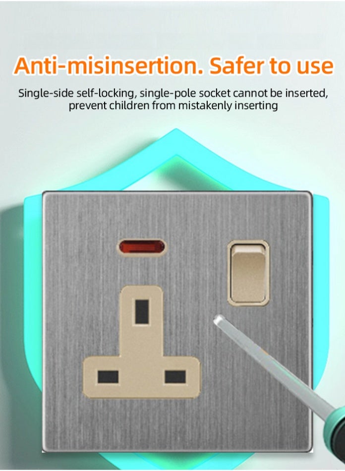 Vmax 13A Wall Socket with Switch & Indicator | Modern Brushed Metal Finish | Durable & Safe Electrical Power Outlet for Home, Office & Commercial Use - Image 4