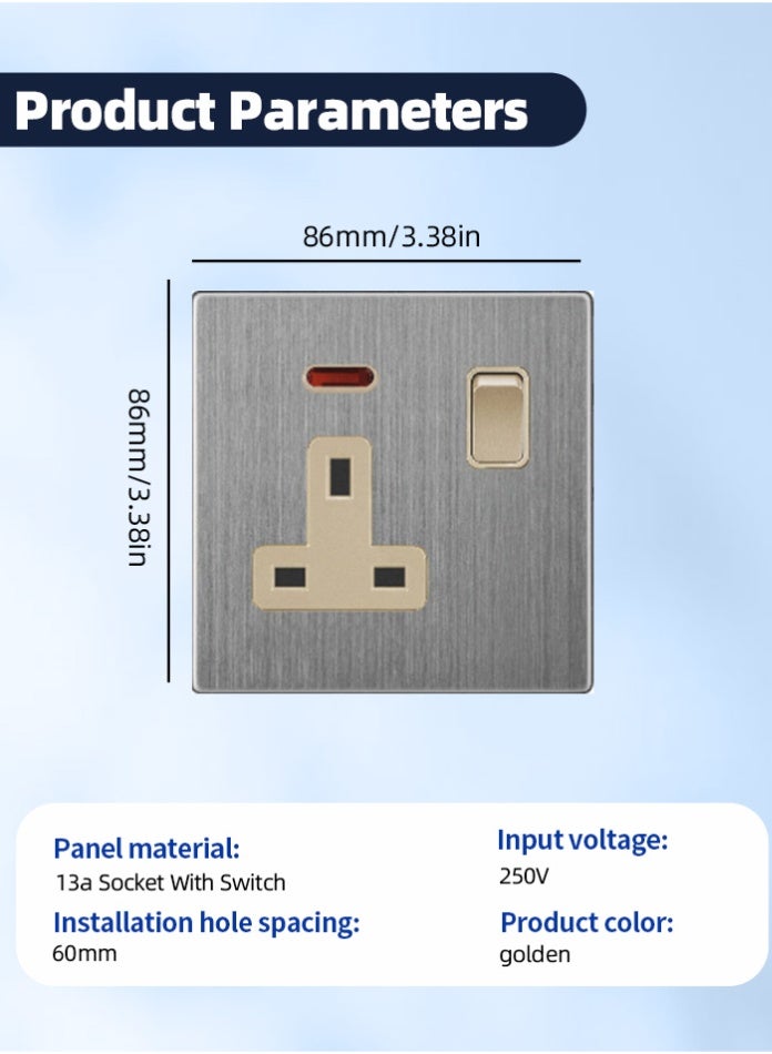 Vmax 13A Wall Socket with Switch & Indicator | Modern Brushed Metal Finish | Durable & Safe Electrical Power Outlet for Home, Office & Commercial Use - Image 3