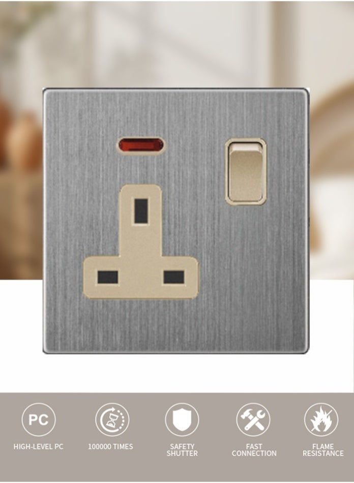 Vmax 13A Wall Socket with Switch & Indicator | Modern Brushed Metal Finish | Durable & Safe Electrical Power Outlet for Home, Office & Commercial Use - Image 1