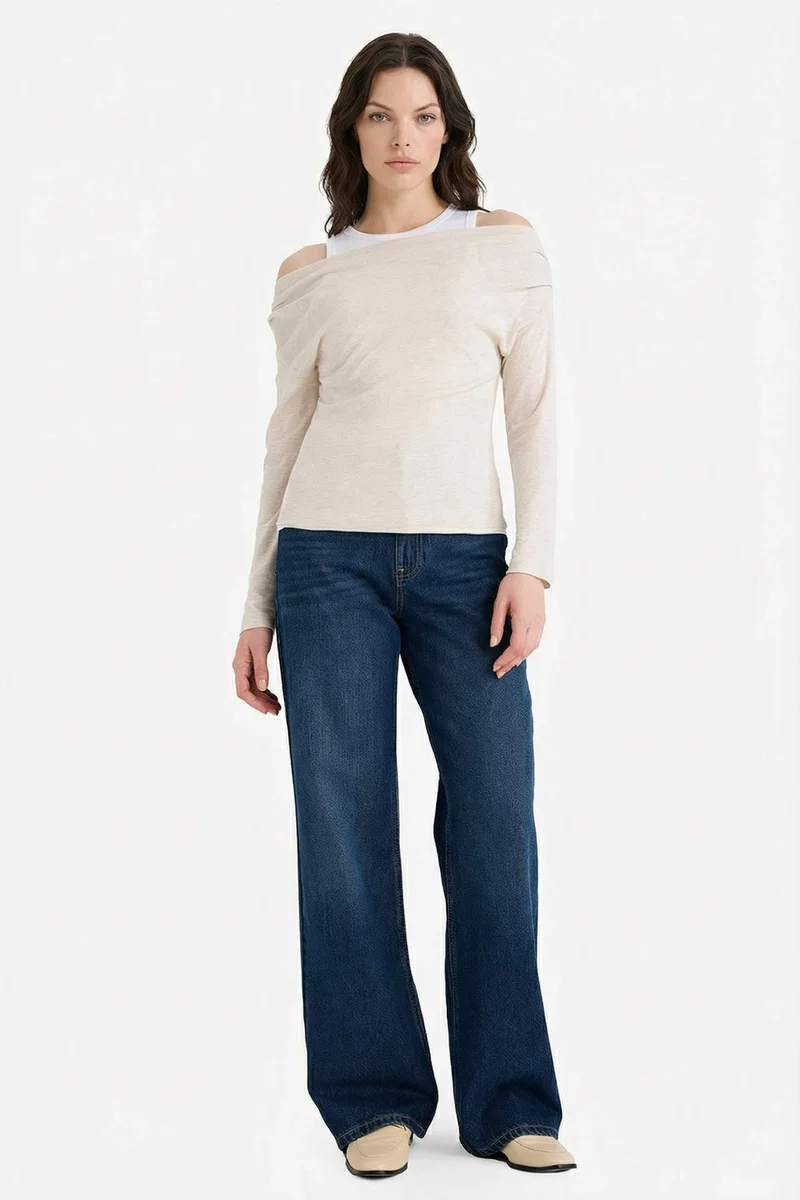 ديفاكتو Slim Fit One Shoulder Ribana Long Sleeve T-Shirt