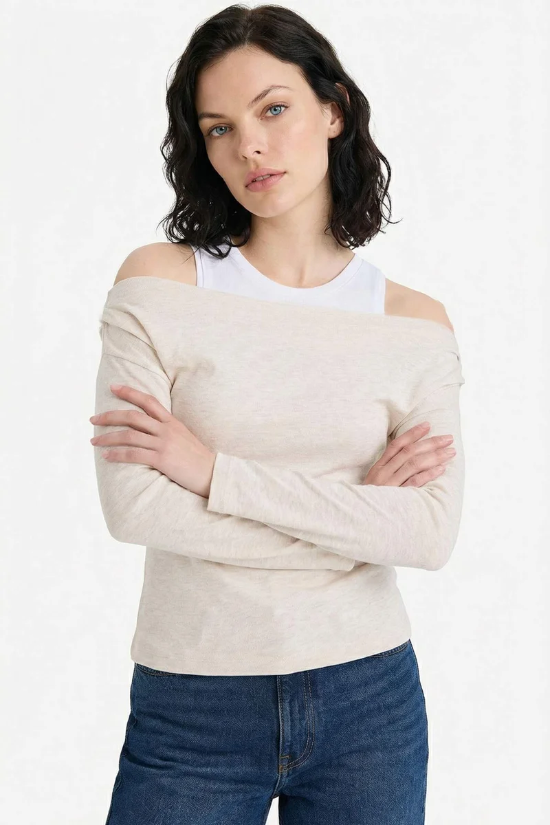ديفاكتو Slim Fit One Shoulder Ribana Long Sleeve T-Shirt