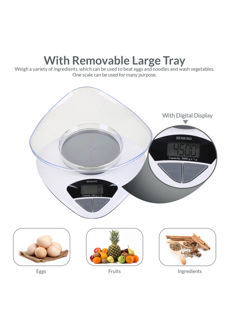 BENKING Digital Kitchen Scale with 1 Bowl Plastic Shell Mechanical Weighing Scale Weighs Up To 5Kg (White) - Image 4