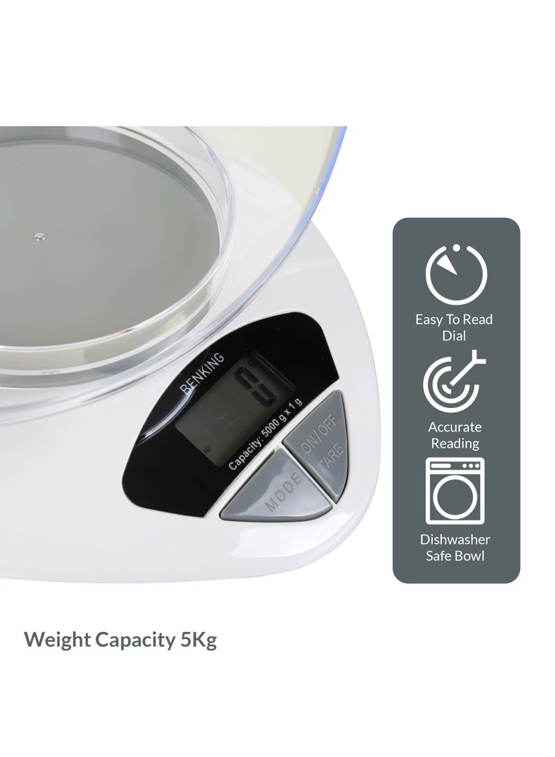 BENKING Digital Kitchen Scale with 1 Bowl Plastic Shell Mechanical Weighing Scale Weighs Up To 5Kg (White) - Image 3