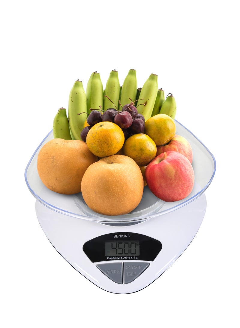 BENKING Digital Kitchen Scale with 1 Bowl Plastic Shell Mechanical Weighing Scale Weighs Up To 5Kg (White) - Image 2