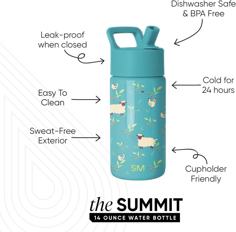 Kids Summit Water Bottle with Straw Lid | 14oz Stainless Steel Cup Insulated Tumbler for Toddlers, Girls, School | Sheeps & Strawberries - Image 1