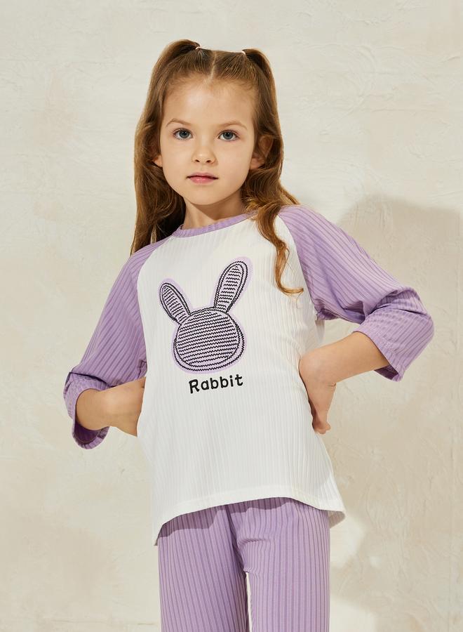 Styli Rabbit Print 3/4 Sleeves T-Shirt and Crop Pyjama Set - Image 2