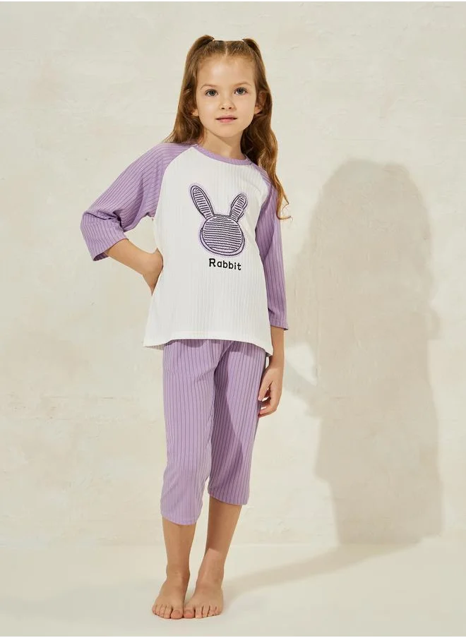 Styli Styli Rabbit Print 3/4 Sleeves T-Shirt and Crop Pyjama Set