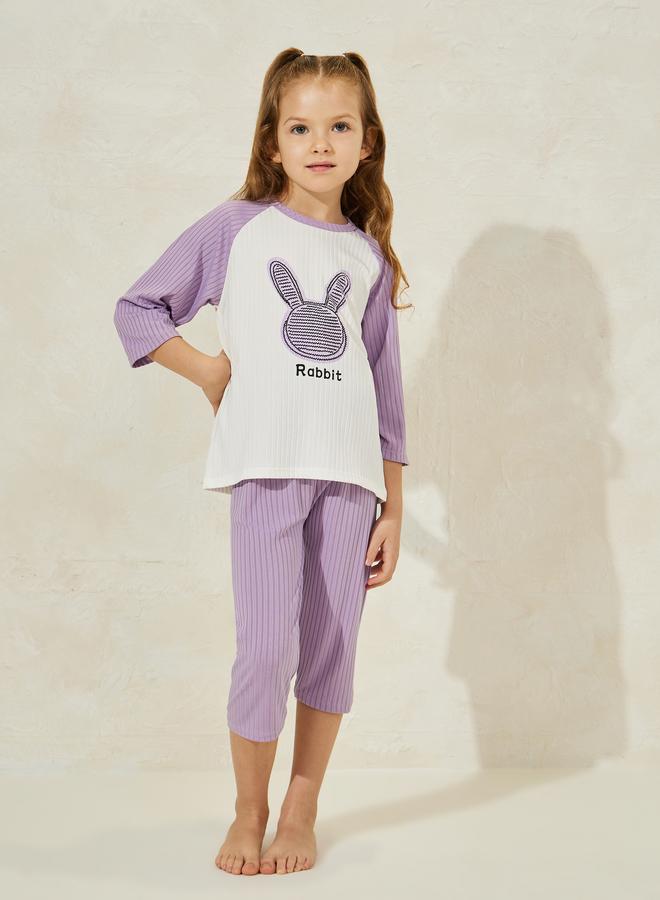 Styli Rabbit Print 3/4 Sleeves T-Shirt and Crop Pyjama Set - Image 1