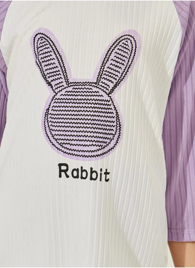 Styli Rabbit Print 3/4 Sleeves T-Shirt & Crop Pyjama Set