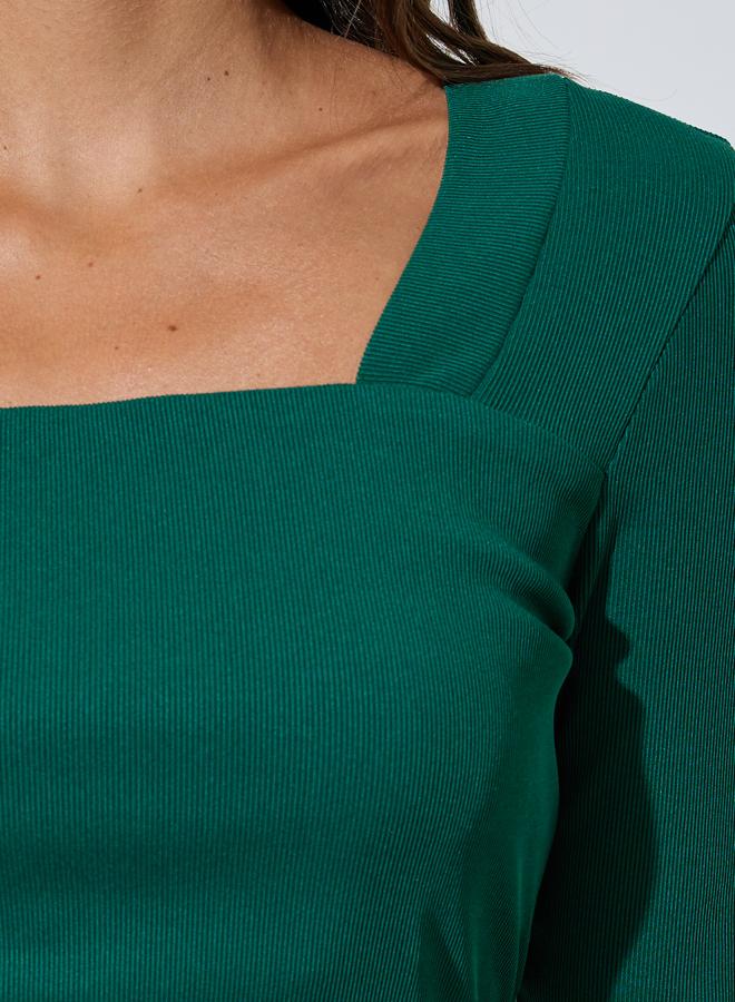 Styli Green Square Neck Long Sleeve Fitted Knit Top - Image 3