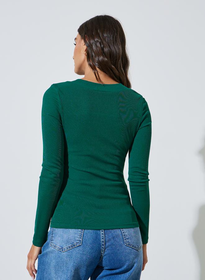Styli Green Square Neck Long Sleeve Fitted Knit Top - Image 4