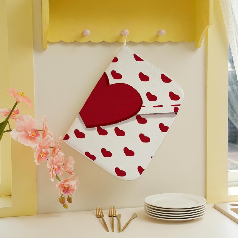 Sorktse Valentines Dish Drying Mat 18x24 Inch Red Hearts Dish Drainer Protector Pad for Kitchen Counter Absorbent Holiday Love Drying Pad for Drainer Rack Kitchen Fast Dry - Image 4